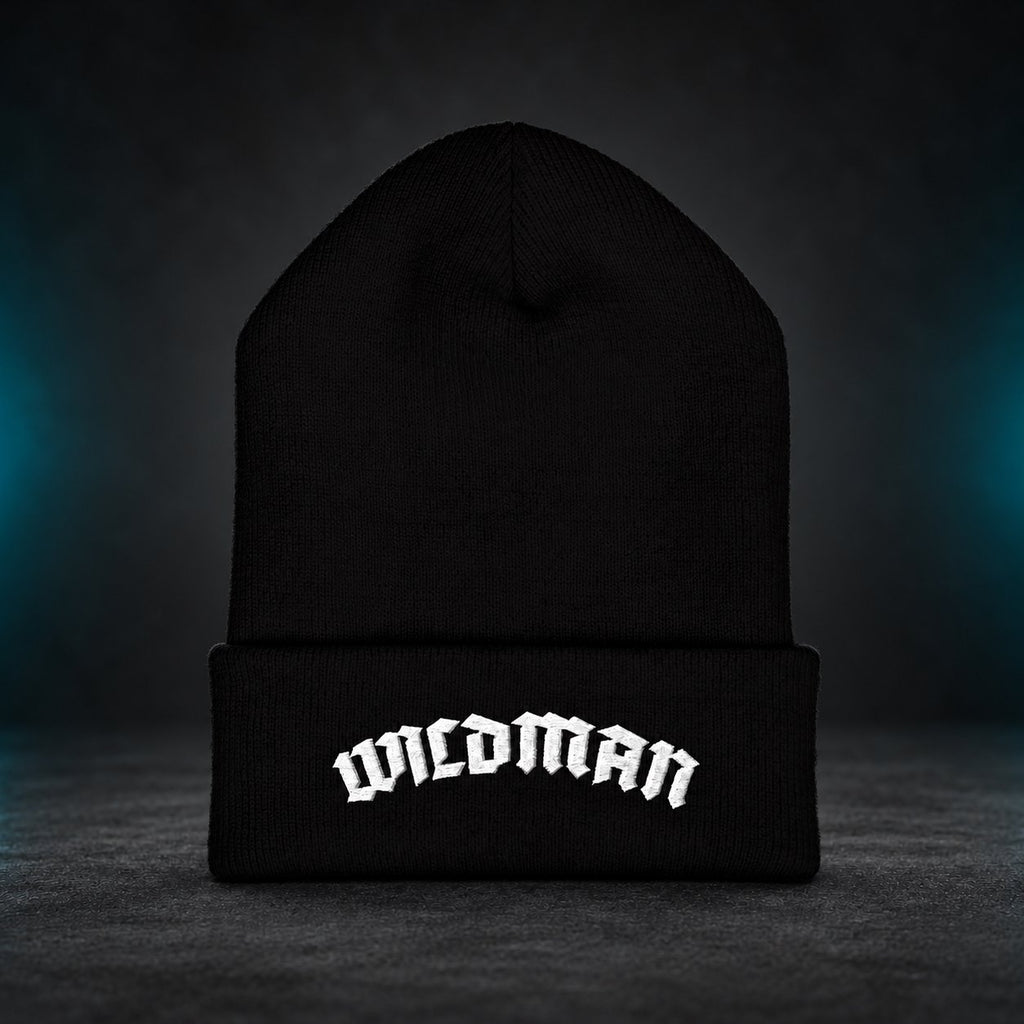 Black WILDMAN cuffed beanie — front embroidery view
