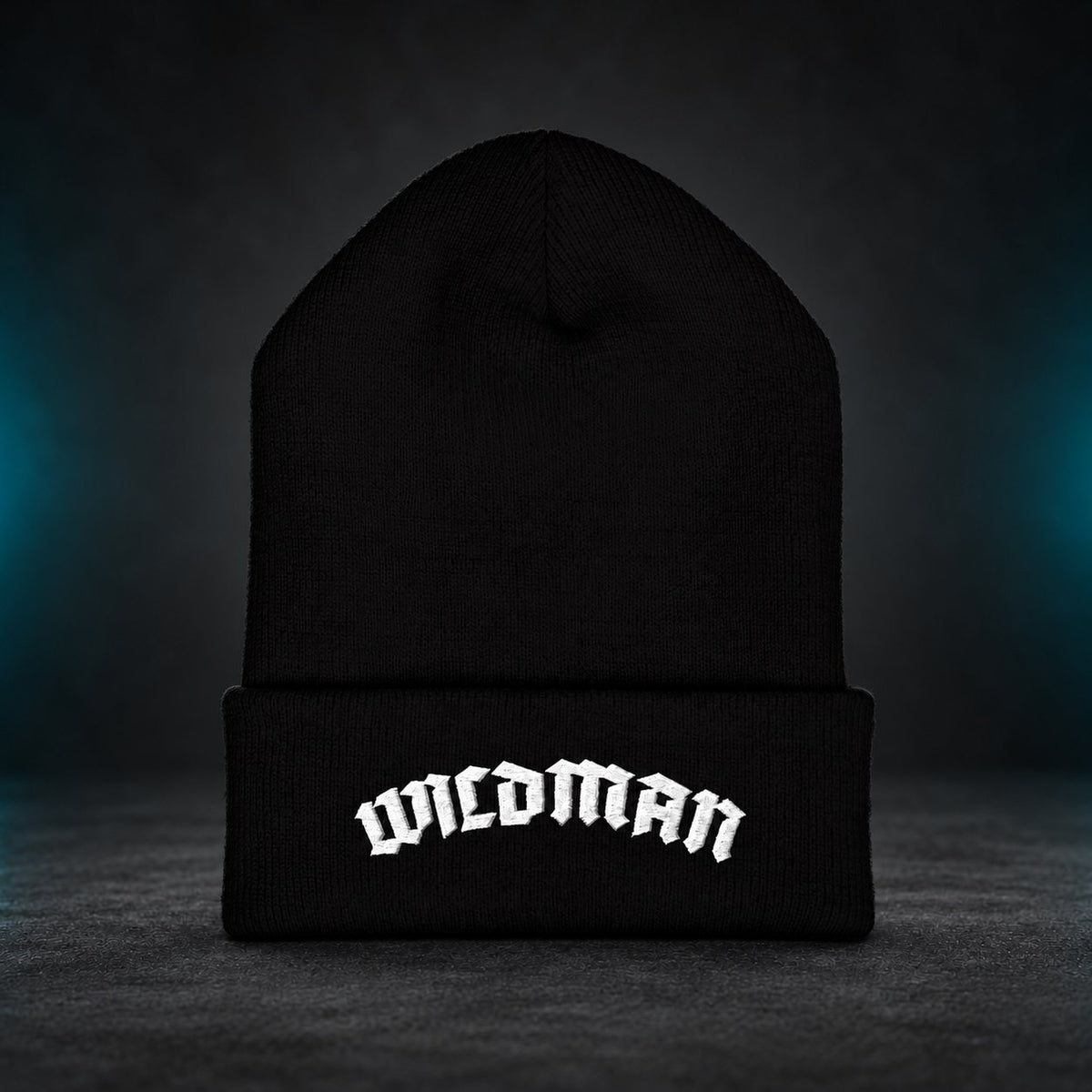 Black WILDMAN cuffed beanie — front embroidery view
