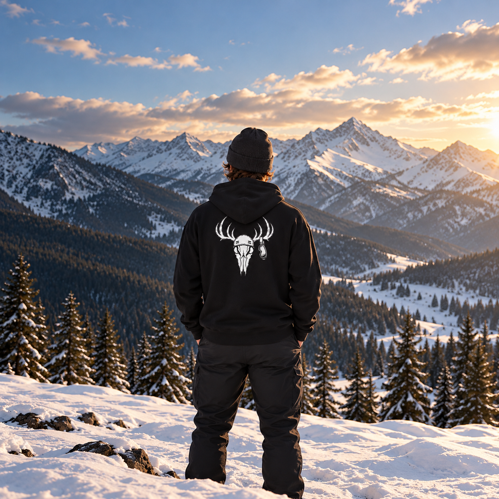 Antlers hoodie worn in snowy mountains, centered with full hoodie visible