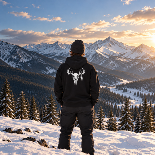 Antlers hoodie worn in snowy mountains, centered with full hoodie visible