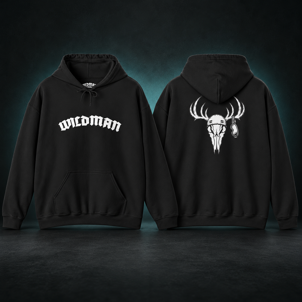 Antlers hoodie front and back in a charcoal studio