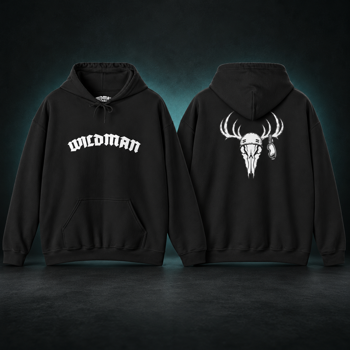 Antlers hoodie front and back in a charcoal studio