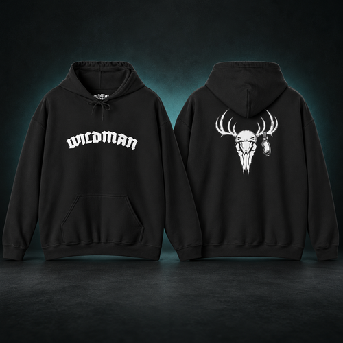 Antlers hoodie front and back in a charcoal studio