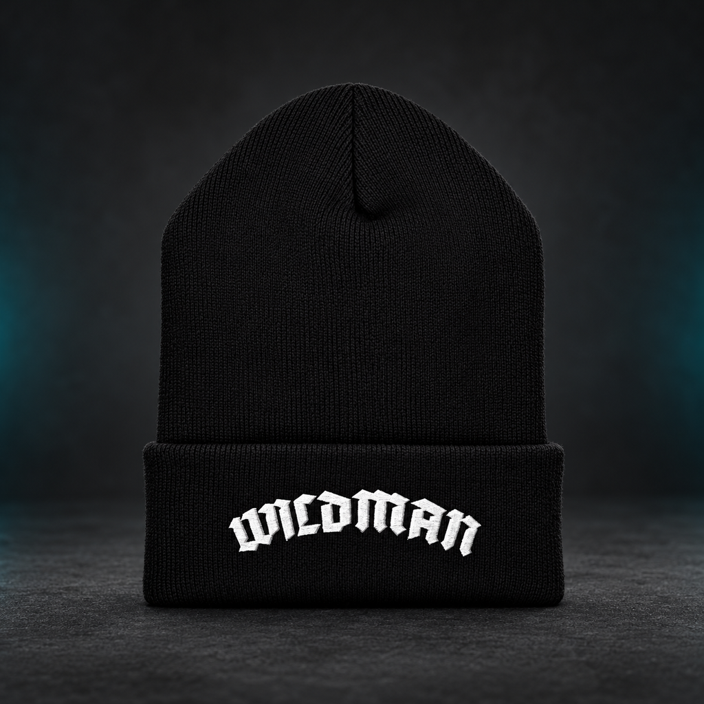 Black WILDMAN embroidered beanie in charcoal studio