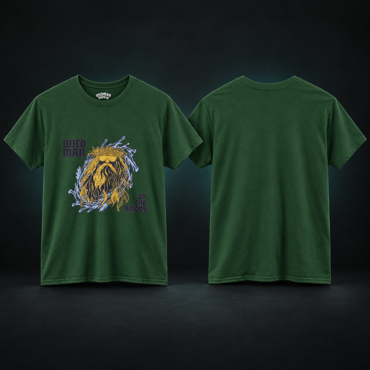 The Wildman Of The Woods tee front and back in a charcoal studio