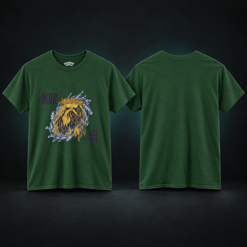 The Wildman Of The Woods tee front and back in a charcoal studio