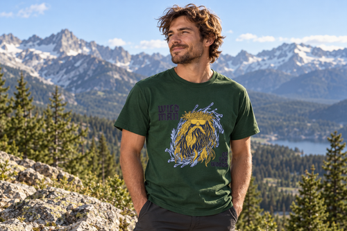 The Wildman Of The Woods tee worn at a mountain overlook